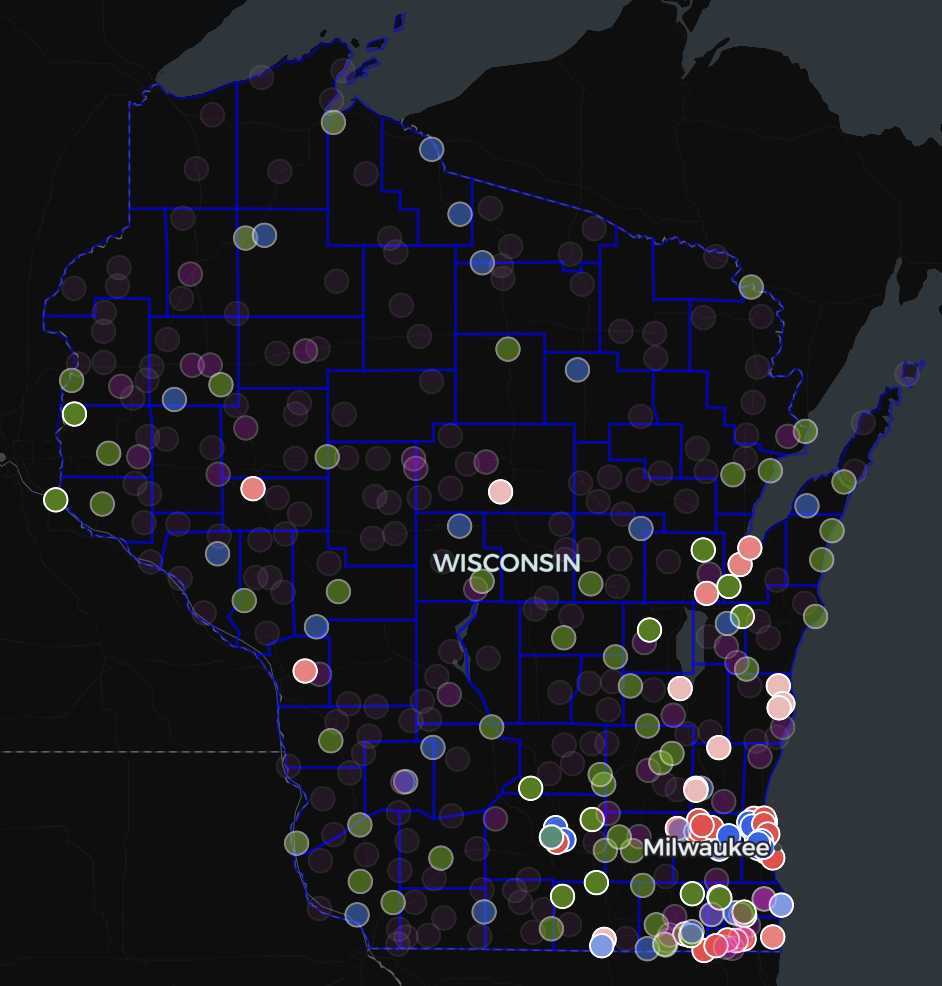 Map visualization showing customizable pins, colors, and styling options