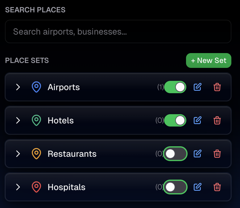 Place sets and custom locations showing search, place management, and custom labeling features