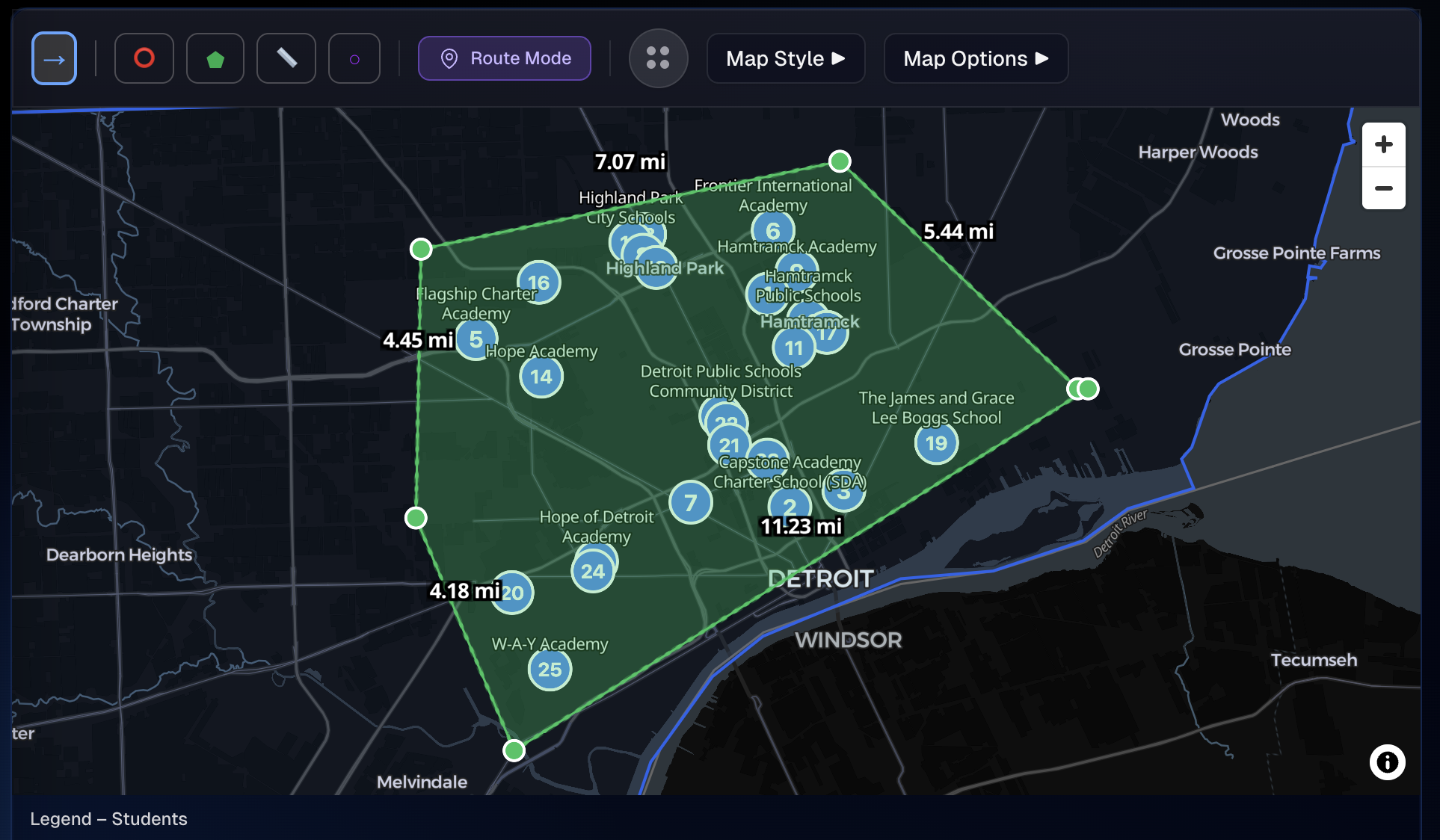 Spatial targeting and filtering tools showing radius circles, polygons, and custom shape filters