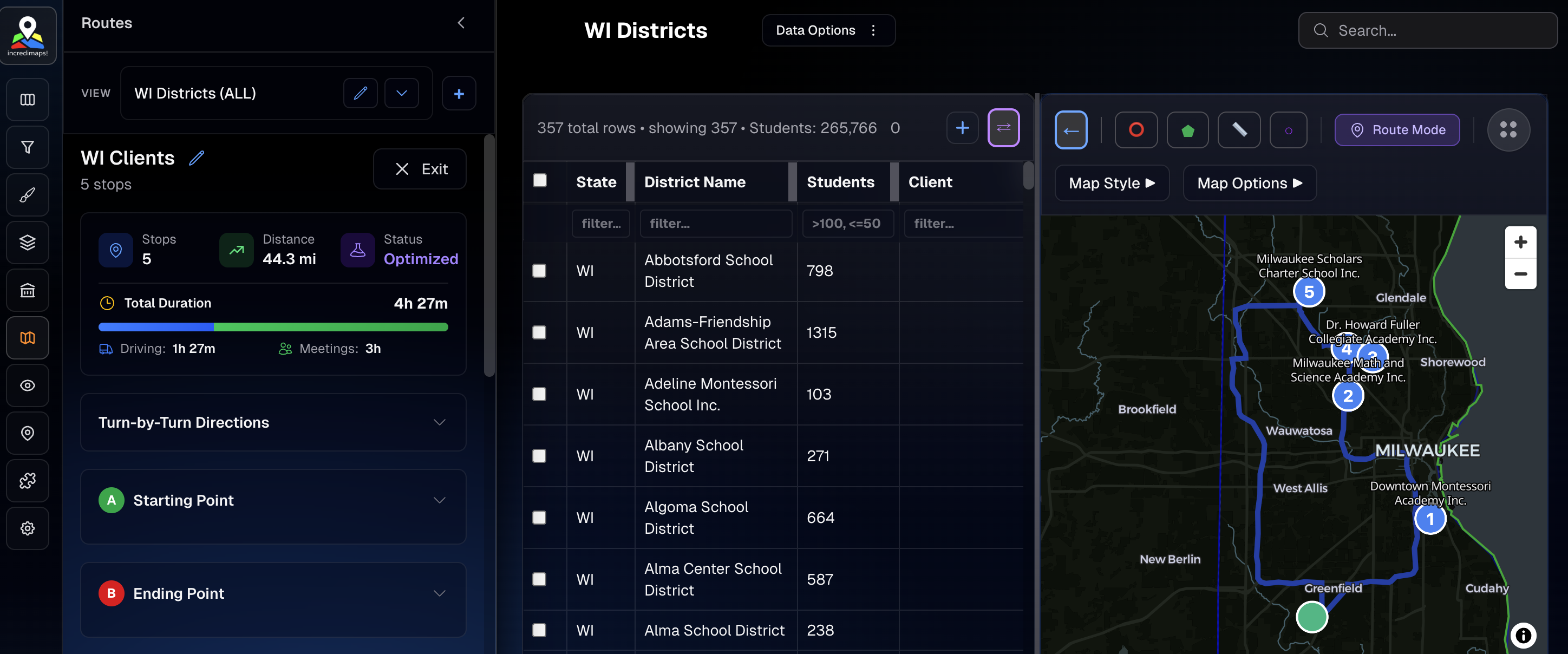 Trip planning and route optimization showing optimized routes, waypoints, and travel planning features