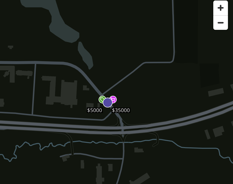 Satellite pins orbiting around main pins showing multiple account characteristics like Client Status, ACV, Opportunity Size, and Client Health