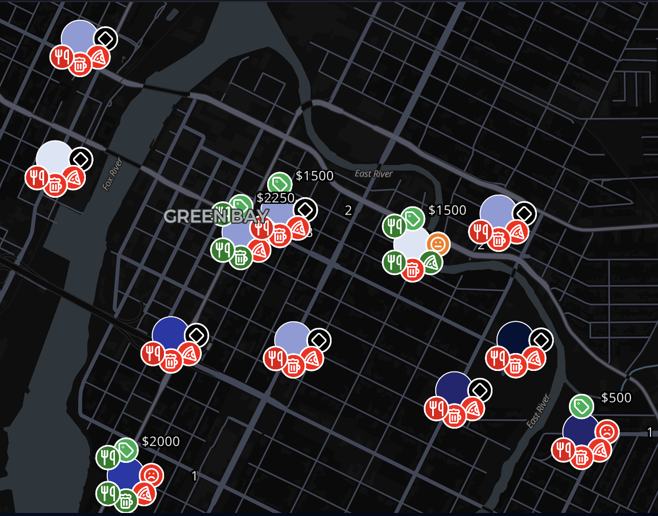 Satellite pins orbiting around main pins showing multiple account characteristics like Client Status, ACV, Opportunity Size, and Client Health